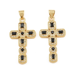 Noir Micro cuivres ouvrent pendentifs zircone cubique, breloques en forme de croix octogonale, sans cadmium et sans plomb, or, noir, 32x17.5x4mm, Trou: 5x3mm