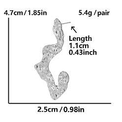 Серебро Модные 304 серьги-гвоздики из нержавеющей стали с неровной гофрированной поверхностью, серебряные, 47x25 мм