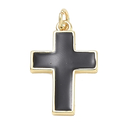 Schwarz Gestellmessinganhänger, mit Emaille, Quer Charme, cadmiumfrei und bleifrei, langlebig überzogen, echt 18 k vergoldet, Schwarz, 23x15x2 mm, Bohrung: 3.5 mm