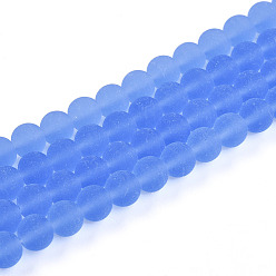 Cornflower Blue Transparent Glass Beads Strands, Round, Frosted, Cornflower Blue, 6mm, Hole: 0.7mm, about 66~67pcs/strand, 14.96~15.16''(38~38.5cm)