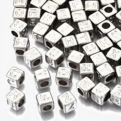 Platinum CCB Plastic Beads, Horizontal Hole, Cube with Letter, Platinum, 6x6x6mm, Hole: 3mm, about 2800pcs/500g