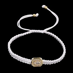Blanco Pulseras rectangulares trenzadas de cuentas con circonitas cúbicas y pavé de latón, pulseras de cuerda de nylon ajustable, larga duración plateado, chapado en rack, dorado, blanco, diámetro interior: 2.05~3.15 pulgada (5.2~8 cm)