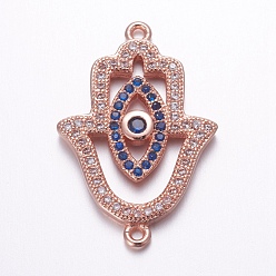 Rose Gold Brass Micro Pave Cubic Zirconia Links, Long-Lasting Plated, Lead Free & Cadmium Free, Hamsa Hand with Eye, Rose Gold, 26x17x3mm, Hole: 0.8mm