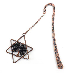 Obsidian Natural Obsidian Chip Beaded Tree of Life in Star of David Pendant Bookmark, Red Copper Plated Alloy Hook Bookmark, 120mm