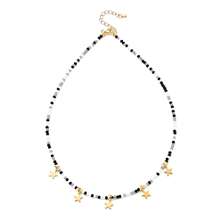 Black Star Pendant Necklaces, with Brass Cube Beads, Glass Beads, 304 Stainless Steel Charm and Lobster Claw Clasps, Golden, Black, 17.72 inch(45cm)