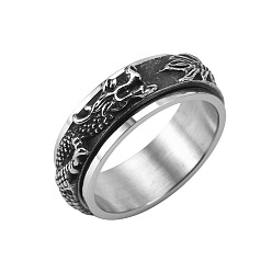 Antique Silver Dragon Titanium Steel Rotating Finger Ring, Fidget Spinner Ring for Calming Worry Meditation, Antique Silver, US Size 7(17.3mm)
