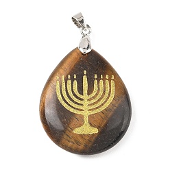 Тигровый глаз Природных тигровый глаз подвески, с реечной обшивкой латунными выводами, без кадмия и без свинца, очарование слезы, 31x25x5~7 мм, отверстие : 4.5x4 мм