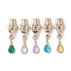 Mixed Color Alloy Replacement Zipper Sliders, with Teardrop Brass Glass Charms, Mixed Color, 4cm