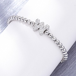 Letter W Латунные круглые бусины эластичные браслеты, Подвеска в виде буквы из латуни с микропаве из прозрачного кубического циркония для женщин, без свинца и без кадмия, стойки покрытие, платина, Буква W, внутренний диаметр: 2~2-1/8 дюйм (5~5.5 см)