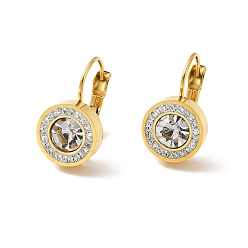 Golden Crystal Rhinestone Flat Round Leverback Earrings, Ion Plating(IP) 304 Stainless Steel Jewelry for Women, Golden, 20mm, Pin: 0.9mm
