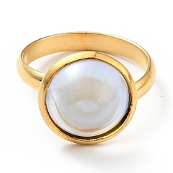 Белый K9 стеклянное плоское круглое кольцо на палец, ионное покрытие (ip) 304 ювелирные изделия из нержавеющей стали для женщин, золотые, белые, размер США 7 3/4 (17.9 мм), кольцо поверхность: 14x7mm