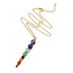 Gold Natural Mixed Stone Round Braided Pendant Necklace, Chakra Yoga Necklace with Alloy Chains for Women, Gold, 19.69 inch(50cm)