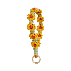 Gold Handmade Macrame Woven Cotton Flower Pendant Decorations, Boho Weave Wristlet with Golden Tone Alloy Clasp, Gold, 135mm