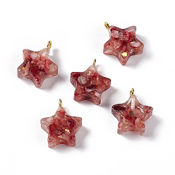 Red Natural Calcite Pendants, Star Charms, Dyed, with Epoxy Resin and Golden Tone Brass Loops, Red, 19.5~20.5x16~17x5~7mm, Hole: 2mm