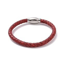 Red Leather Braided Round Cord Bracelet with 304 Stainless Steel Clasp for Women, Red, 8 inch(20.3cm)