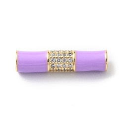 Lilac Rack Plating Brass Clear Micro Pave Cubic Zirconia Beads, with Enamel, Long-Lasting Plated, Real 18K Gold Plated, Cadmium Free & Lead Free, Tube, Lilac, 20.5x5mm, Hole: 1.8mm