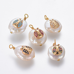 Mixed Color Natural Cultured Freshwater Pearl Pendants, with Brass Micro Pave Cubic Zirconia Findings, Flat Round with Ladybird, Golden, Mixed Color, 18~20x11~14x6~8mm, Hole: 1.8mm