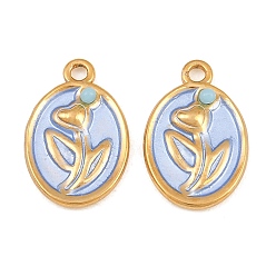 Licht Himmel blau Sprühlackierte 304 Edelstahlanhänger, mit Acryl-Perlen, oval Charme, Ionenbeschichtung (ip), echt 18 k vergoldet, Licht Himmel blau, 20x13.5x3 mm, Bohrung: 1.6 mm