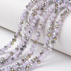 Plum Electroplate Glass Beads Strands, Imitation Jade Beads, Pearl Luster Plated, Half Green Plated, Faceted, Rondelle, Plum, 3x2mm, Hole: 0.8mm, about 165~169pcs/strand, 15~16 inch(38~40cm)