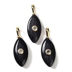 Azul Goldstone Pendientes de material sintético azul goldstone, con detalles de latón dorado micro pavé de circonita cúbica transparente, dije con forma de ojo de caballo, 32~34x13.5~14.5x7.5~8 mm, agujero: 5x3 mm
