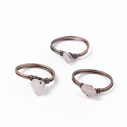 Rose Quartz Natural Rose Quartz Chips Finger Ring, Red Copper Brass Wire Wrap Jewelry for Women, Inner Diameter: 18mm