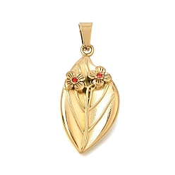 Light Siam 304 Stainless Steel with Rhinestone Pendants, with 201 Stainless Steel Snap On Bails, Ion Plating(IP), Leaf Charms, Golden, Light Siam, 33.5x16.5x4mm, Hole: 6x3.5mm