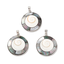 Platinum Natural Black Lip Shell Pendants, Flat Round Charms, with Brass Findings, Cadmium Free & Lead Free, Platinum, 36x31.5x2mm, Hole: 6x4mm