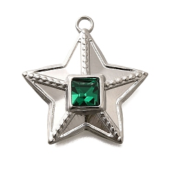 Изумруд 304 подвески из нержавеющей стали, со стразами, цвет нержавеющей стали, звезда, изумруд, 26x24.5x6 мм, отверстие : 2 мм