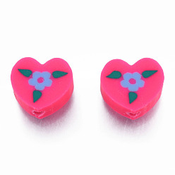 Deep Pink Handmade Polymer Clay Beads, Heart with Flower, Deep Pink, 9~9.5x10~10.5x4.5~5mm, Hole: 1.6mm