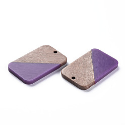 Dark Violet Opaque Resin & Walnut Wood Pendants, Two Tone, Rectangle, Dark Violet, 32.5x21x3mm, Hole: 2mm
