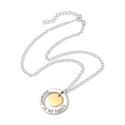 Antique Silver & Golden 304 Stainless Steel and Alloy Round With Word Forever In My Heart Pendants Necklace, Brass Curb Chains Necklaces, Antique Silver & Golden, 18.23 inch(46.3cm)