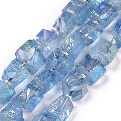 Sky Blue Electroplated Natural Quartz Beads Strands, Hexagon Prism, Irregular Shape, Sky Blue, 8~13x10~14x6~11mm, Hole: 1mm, about 15~16pcs/strand, 7.8~8 inch(20~20.5cm)