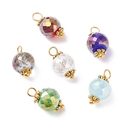 Mixed Color Electroplated Glass Pendants, with Brass & Alloy Findings, AB Color, Faceted Round, Golden, Mixed Color, 14x7.5mm, Hole: 2.5mm