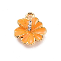 Dark Orange Alloy Enamel Pendants, with Rhinestone, Flower Charm, Golden, Dark Orange, 14x12.5x4mm, Hole: 2mm