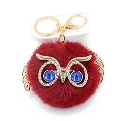 FireBrick Cute Pompom Fluffy Owl Pendant Keychain, with Alloy Findings, for Woman Handbag Car Key Backpack Pendants, FireBrick, 12x9cm
