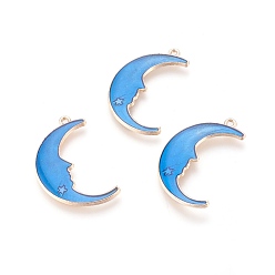 Blue Alloy Enamel Pendants, Moon with Star, Light Gold, Blue, 31.5x20x2mm, Hole: 1mm