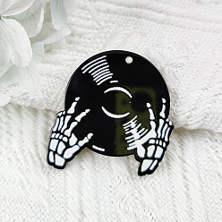 Black Halloween Themed Acrylic Pendants, Skeleton Djing Player Charms, Black, 40x36mm