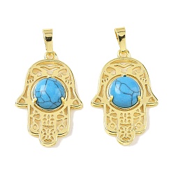 Синтетическая Бирюза Синтетические бирюзовые подвески, латунные полые хамса ручные амулеты, стойки покрытие, без кадмия и без свинца, золотые, 33x22x6.5 мм, отверстие : 7.5x5 мм