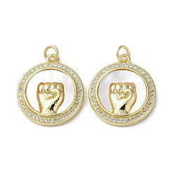 Real 18K Gold Plated Gesture Theme Brass Micro Pave Cubic Zirconia Pendants, with Shell, Flat Round, Real 18K Gold Plated, 21.5x19x4mm, Hole: 3mm