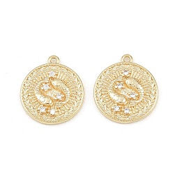 Pisces Brass Micro Pave Clear Cubic Zirconia Pendants, Flat Round with Constellation Charms, Rack Plating, Long-Lasting Plated, Cadmium Free & Lead Free, Golden, Pisces, 16x14x2~3mm, Hole: 1mm