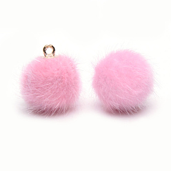 Pearl Pink Handmade Faux Mink Fur Covered Pendants, with Alloy Findings, Round, Golden, Pearl Pink, 16~17x13.5~14mm, Hole: 1.5mm
