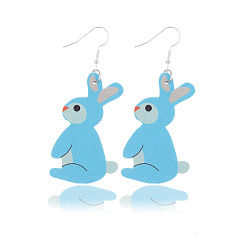 Sky Blue Imitation Leather Rabbit Dangle Earrings, Easter Theme Jewelry for Women, Sky Blue, 70x35mm