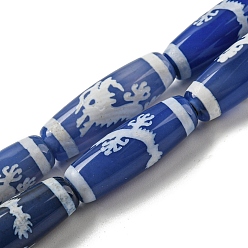 Dragon Tibetan Style dZi Beads Strands, Dyed Natural Agate Beads Blue Strands, Drum Shape, Dragon, 29~30x10mm, Hole: 1.4mm, about 10pcs/strand, 11.81 inch(30cm)
