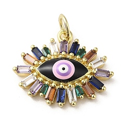 Black Brass Enamel Pendants, with Glass and Jump Ring, Real 18K Gold Plated, Evil Eye Charm, Black, 17x20.5x5mm, Hole: 3.5mm