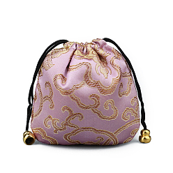 Plum Chinese Style Silk Brocade Jewelry Packing Pouches, Drawstring Gift Bags, Auspicious Cloud Pattern, Plum, 11x11cm