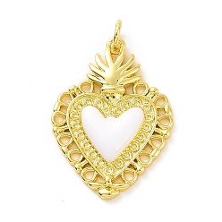 White Rack Plating Brass Enamel Pendants, with Jump Ring, Long-Lasting Plated, Real 18K Gold Plated, Cadmium Free & Lead Free, Sacred Heart Charm, White, 28x20x3mm, Jump Ring: 5x0.8mm, Inner Diameter: 3mm