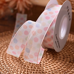 Pink 9M Polka Dot Print Polyester Organza Ribbons, Garment Accessories, Gift Packaging, Pink, 1 inch(25mm), about 9.84 Yards(9m)/Roll