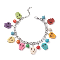 Colorful Halloween Dyed Synthetic Turquoise Skull Pendant Brass Cable Chains Bracelets, with 304 Stainless Steel Clasps, Colorful, 7-1/4 inch(18.5cm)