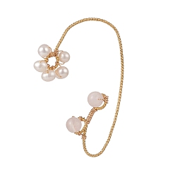 Rose Quartz Natural Rose Quartz & Pearl Braided Flower Cuff Earrings, Gold Platd Brass Wire Wrap Climber Wrap Around Earrings for Non Piercing, 58.5x37.5x1mm