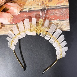 Quartz Crystal Hollow Triple Moon Metal Hair Bands, Raw Natural Quartz Crystal Wrapped Hair Hoop for Bridal Crown Hair Accessories, 185x155x20mm